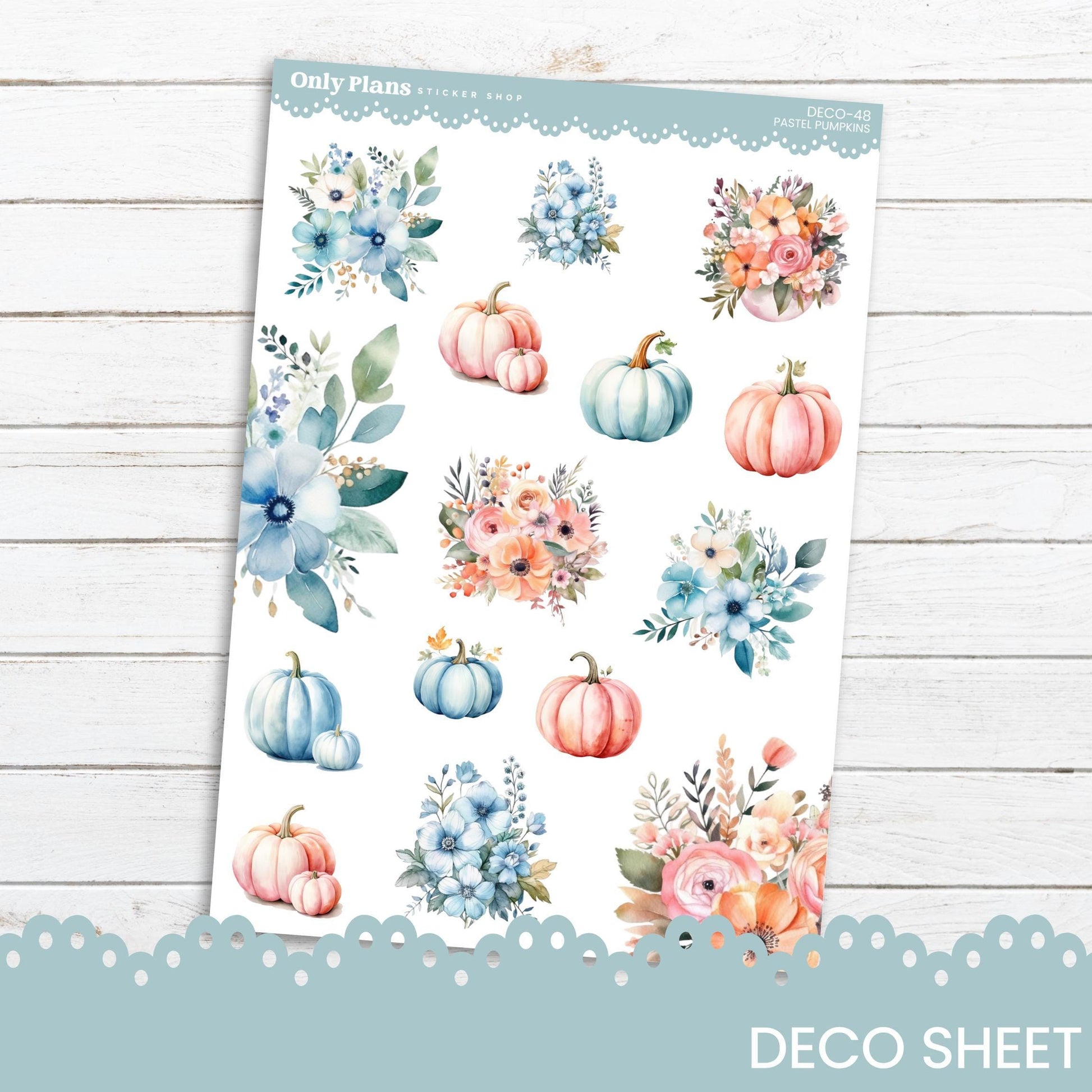 a sticker sheet with watercolor pumpkins and flowers