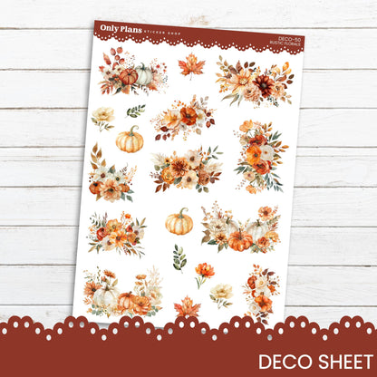 a sticker sheet with fall flowers and pumpkins