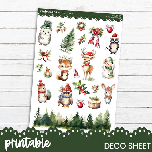 a sheet of christmas stickers with animals and trees