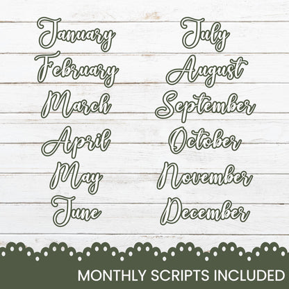 months of the year handwritten font on a wooden background