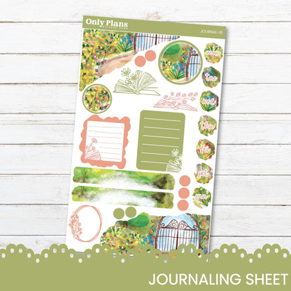 a sticker sheet with a garden scene