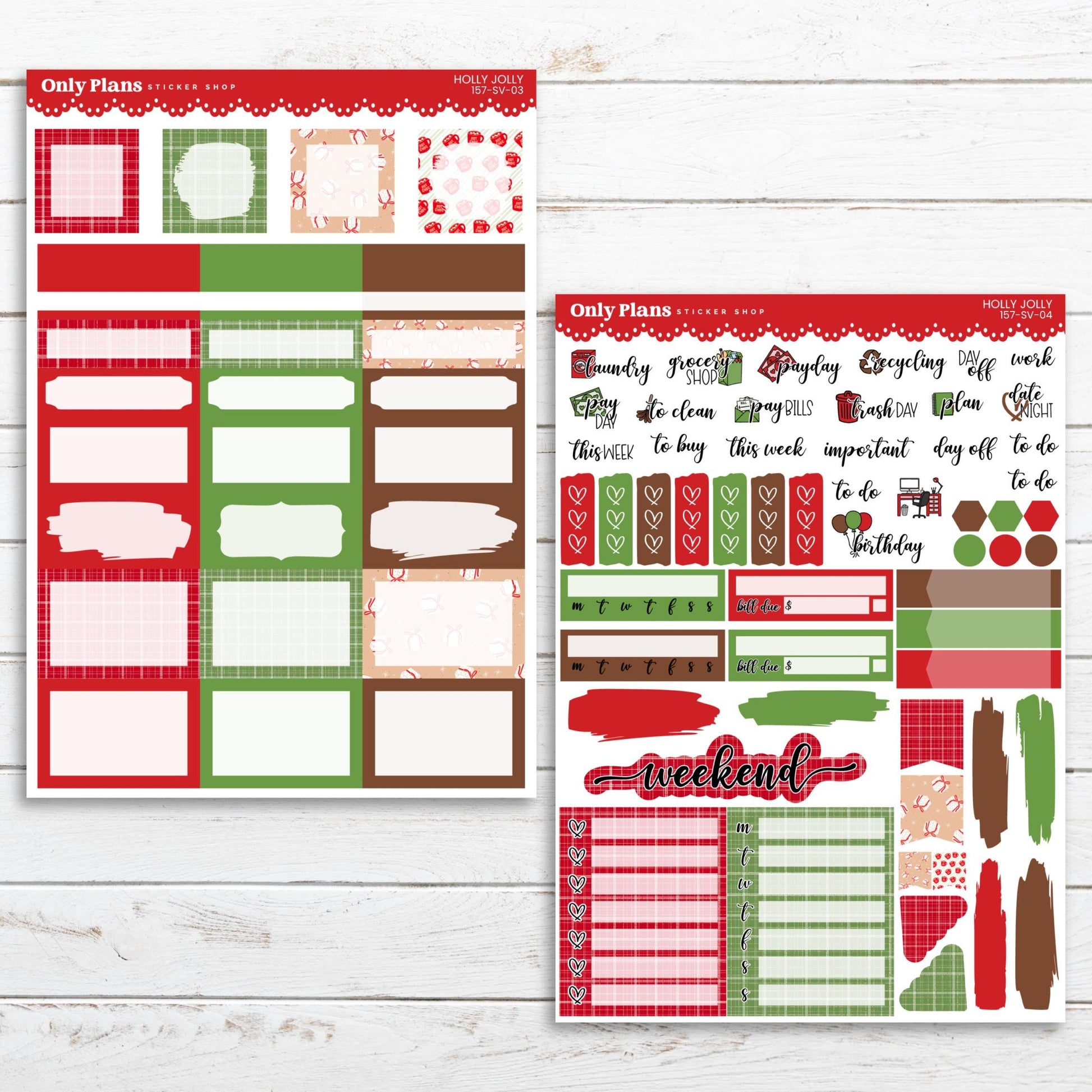 two christmas planner stickers on a wooden surface