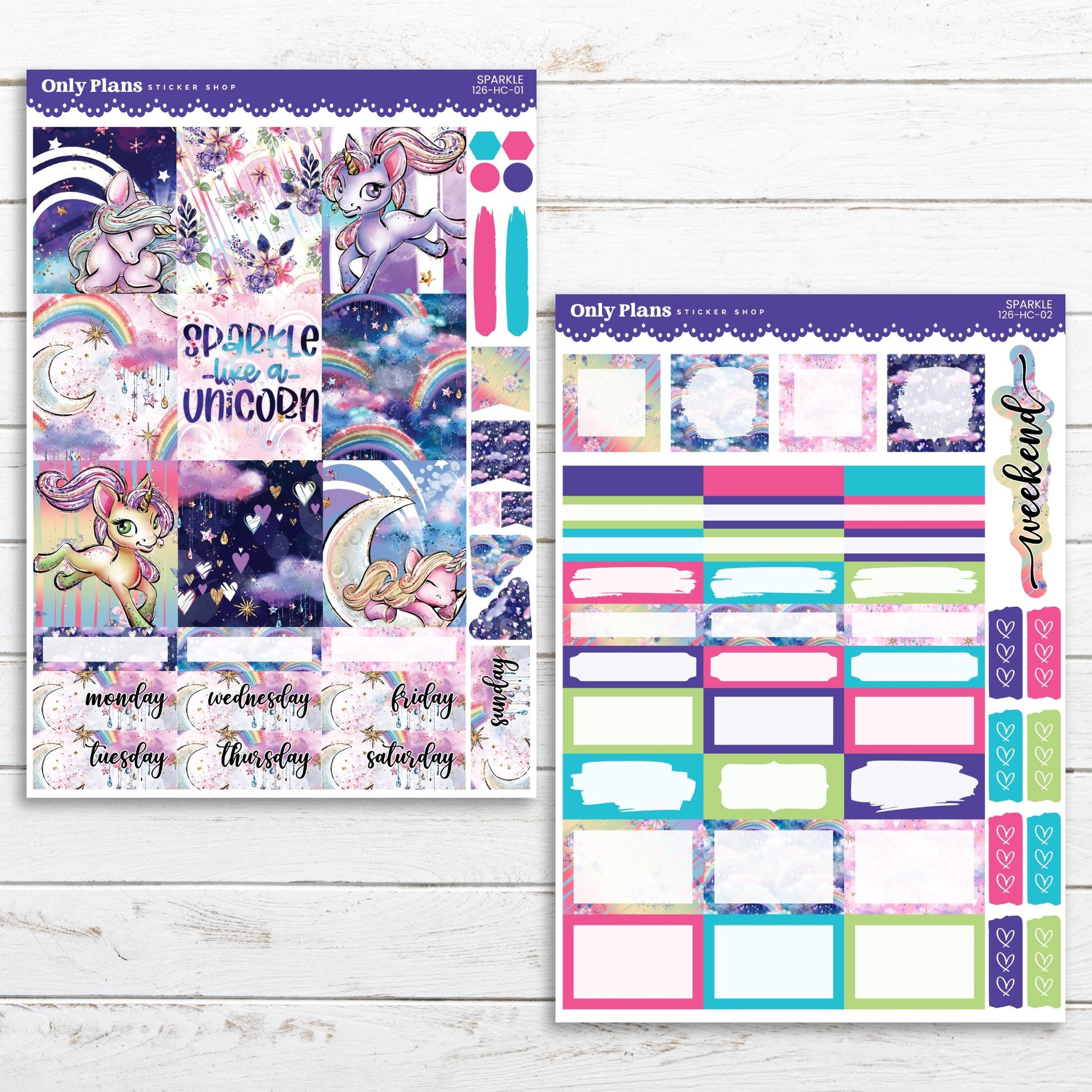 a unicorn themed planner sticker and a rainbow themed planner sticker