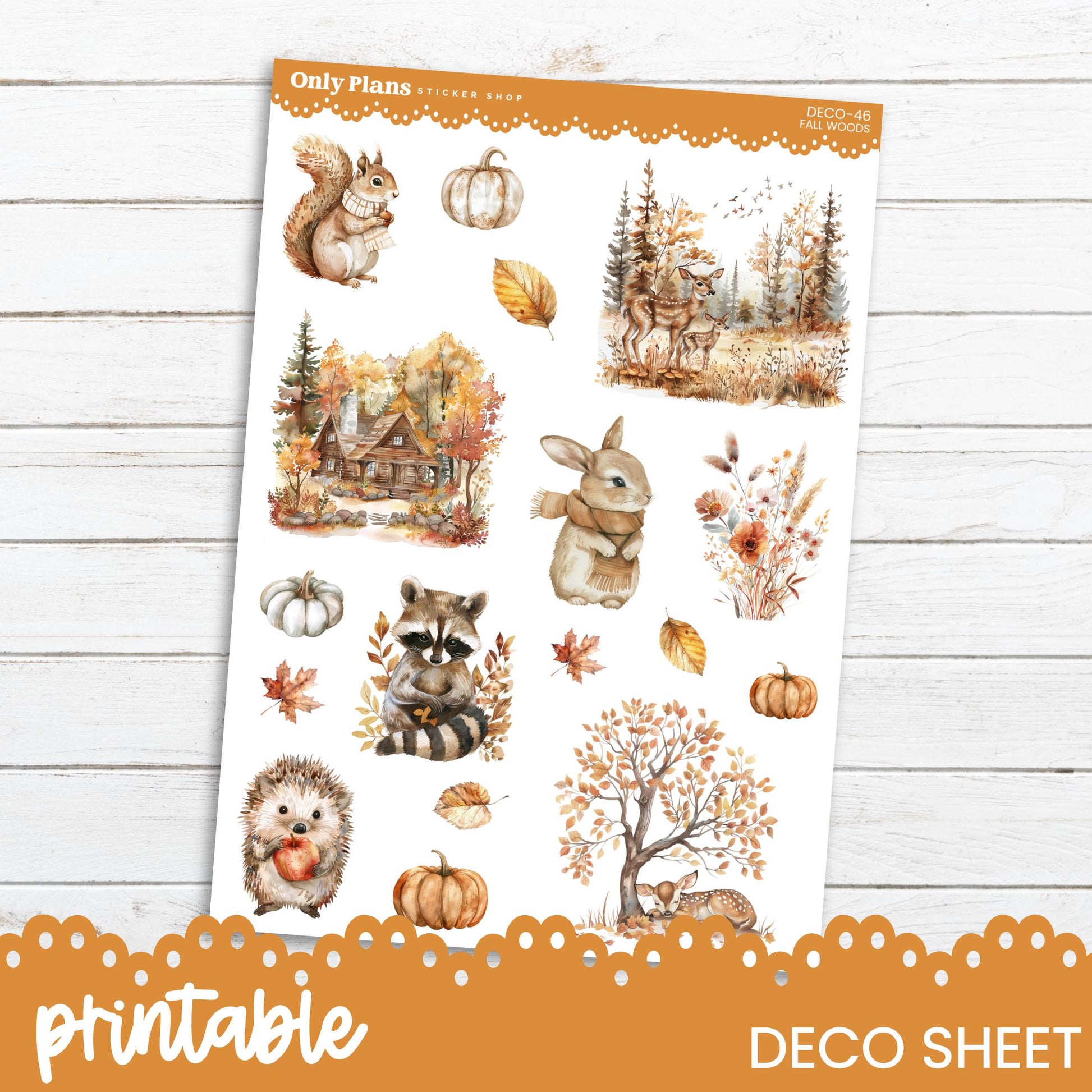 a sheet of stickers with a picture of animals and pumpkins