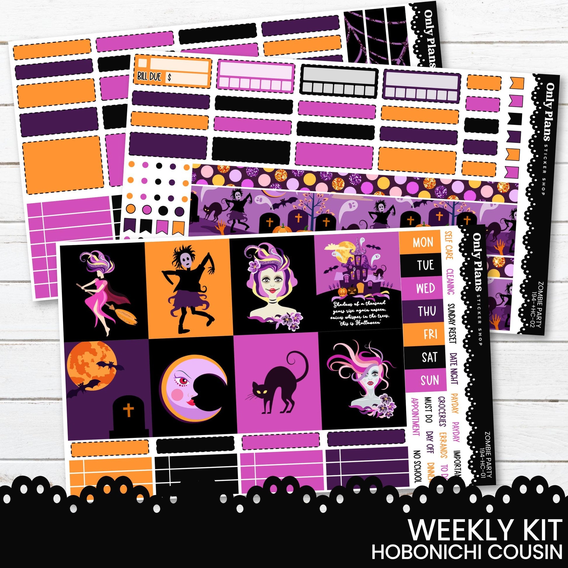 a purple and orange halloween themed planner sticker kit