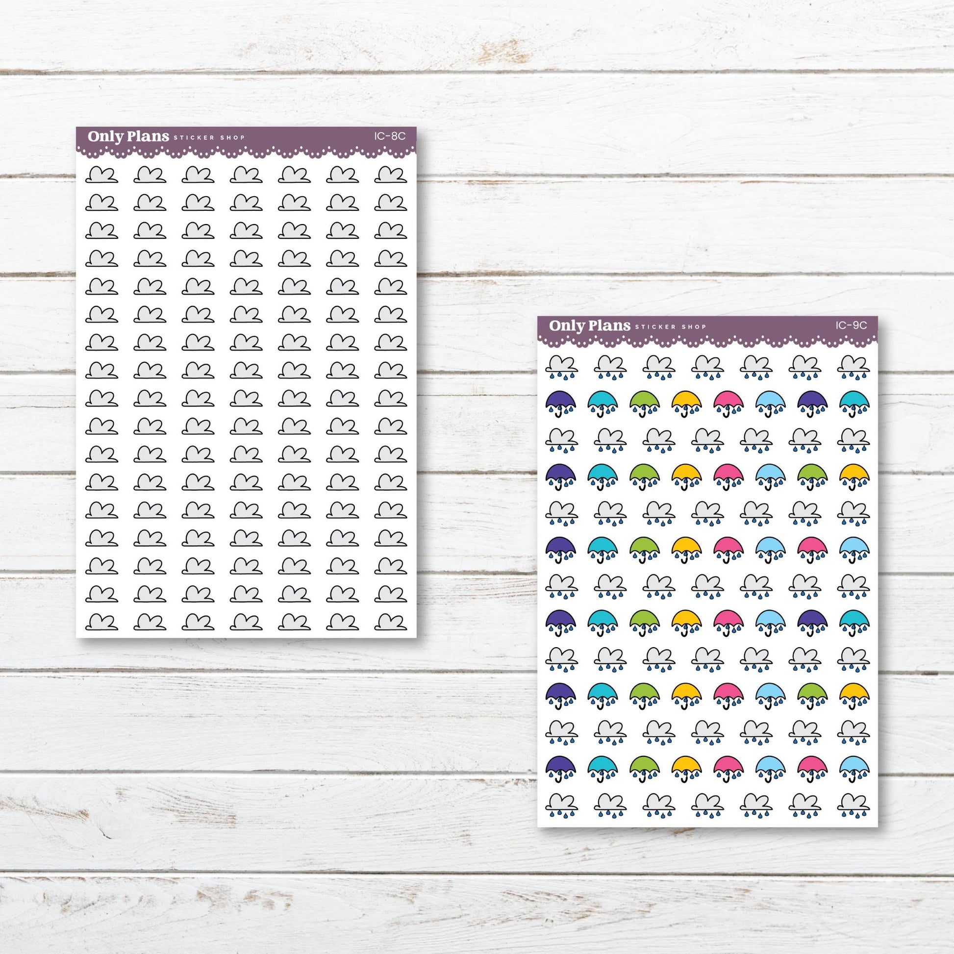 two planner stickers with different designs on them