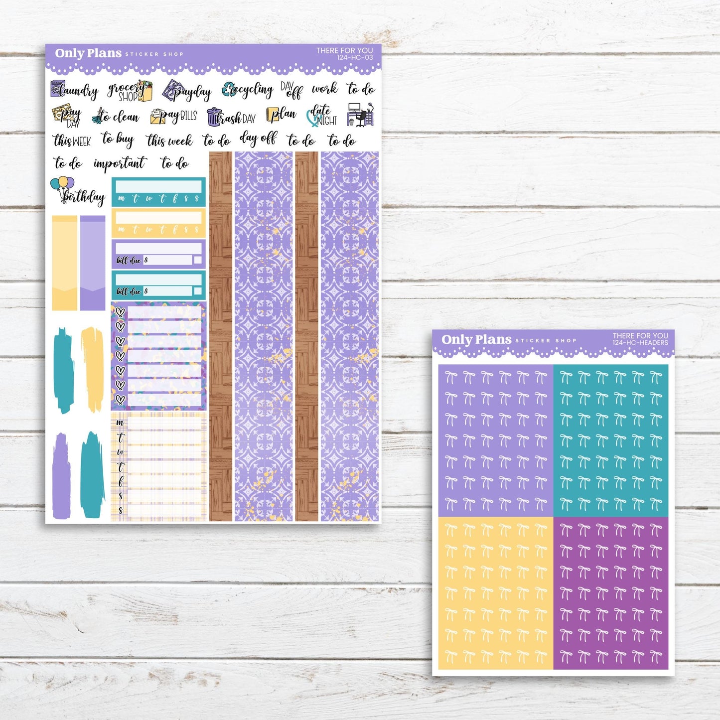 a purple and yellow planner sticker next to a purple and yellow planner sticker