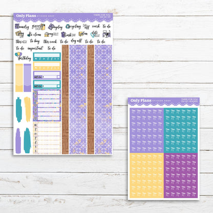 a purple and yellow planner sticker next to a purple and yellow planner sticker