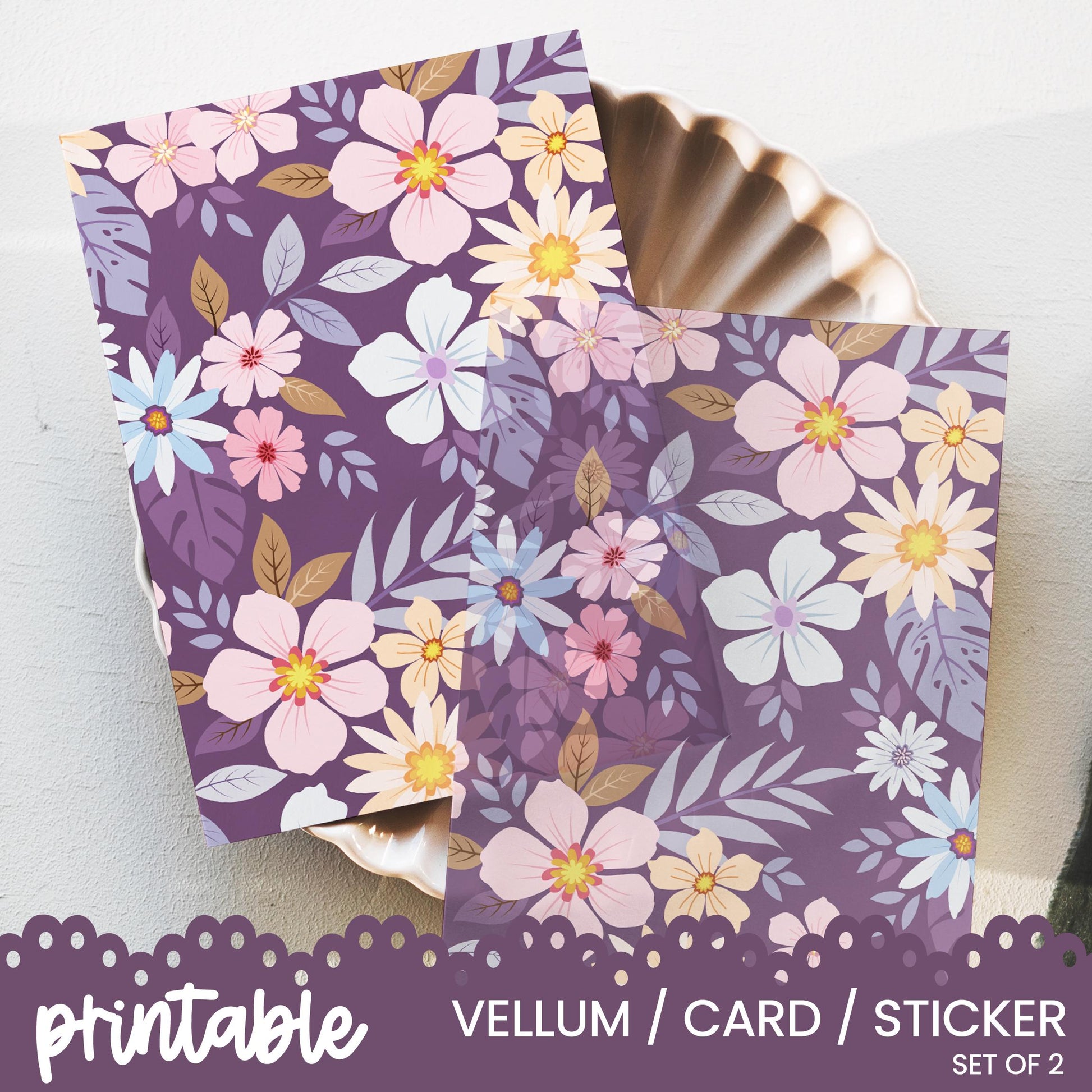 a purple flowered card and sticker set of 2