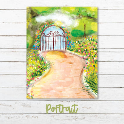 a painting of a path leading to a gate