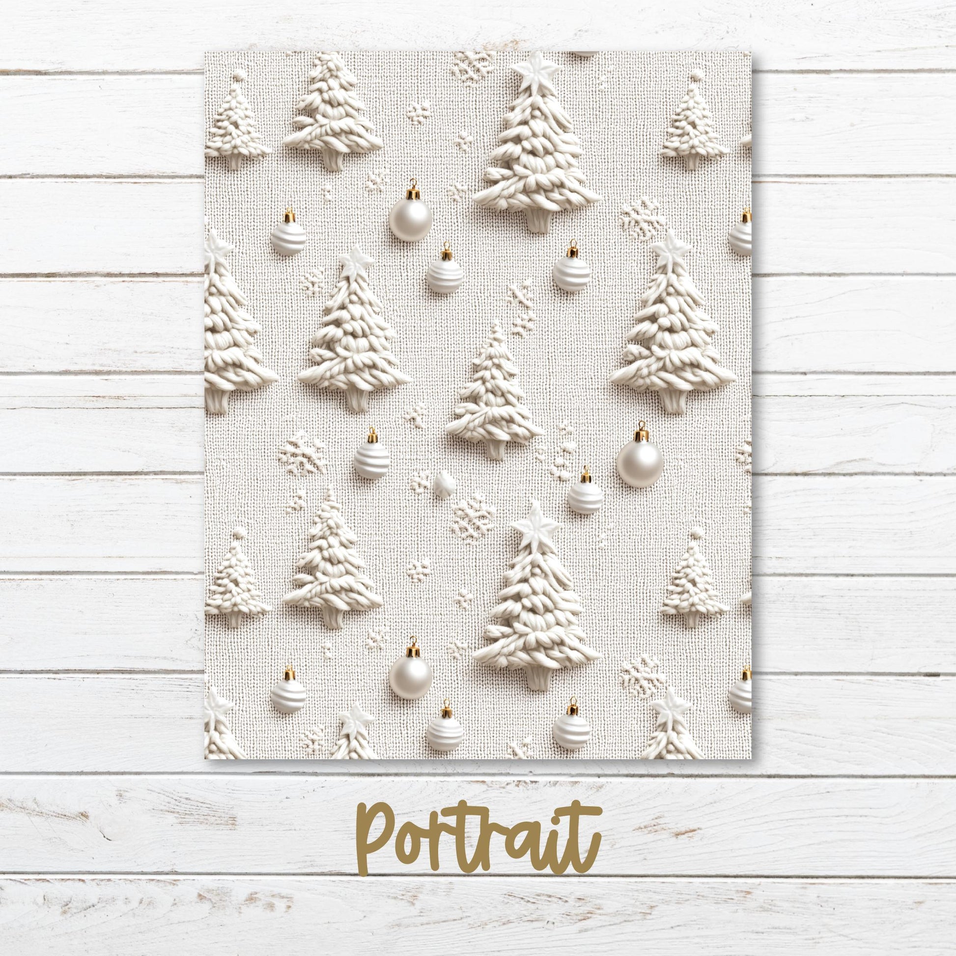 a white christmas card with christmas trees and ornaments