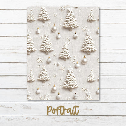 a white christmas card with christmas trees and ornaments