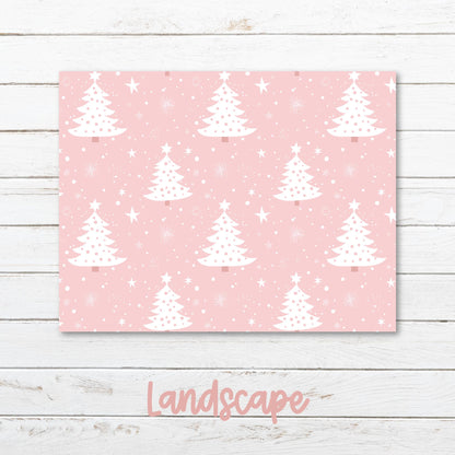 a pink background with white christmas trees on it