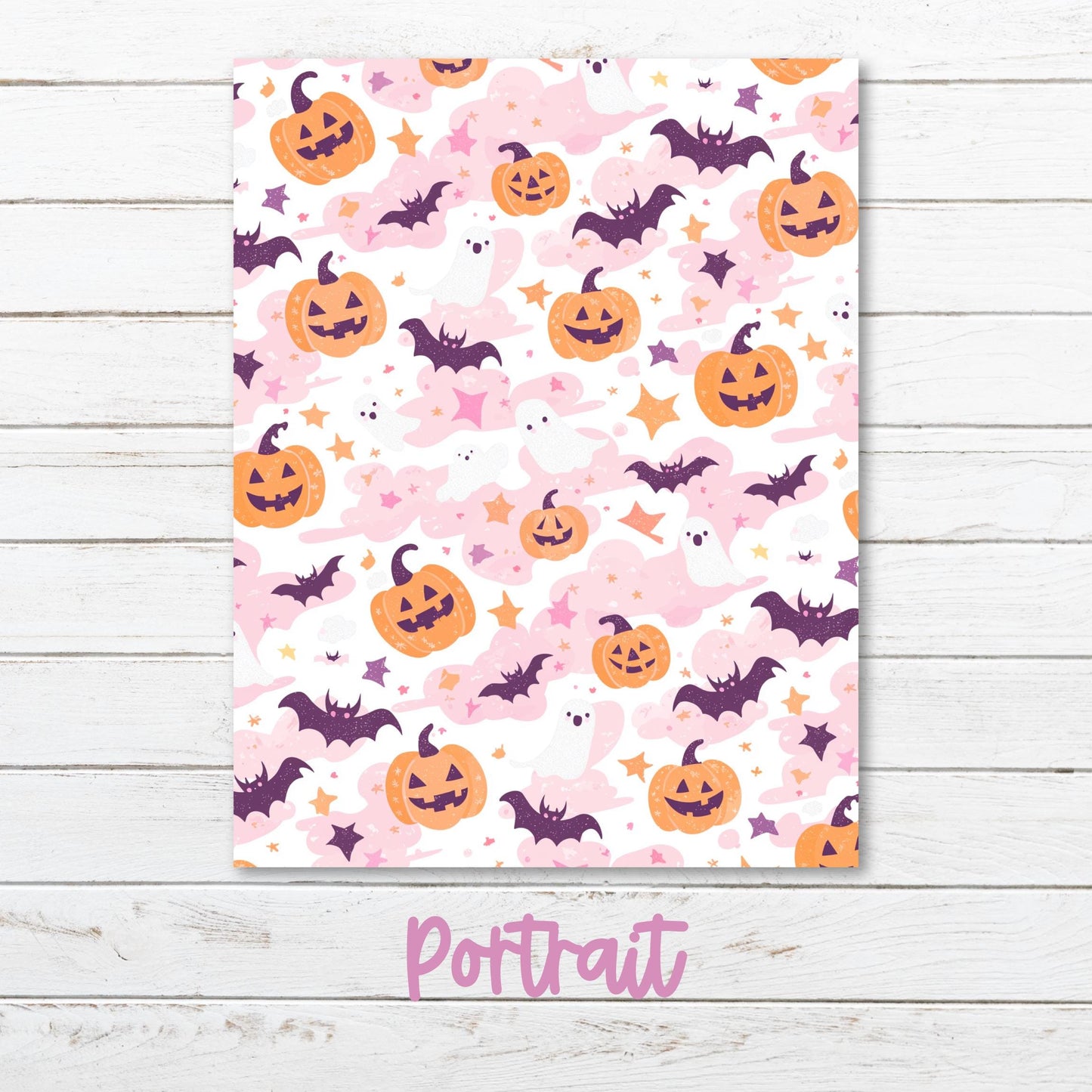 a paper with a pattern of pumpkins and bats on it