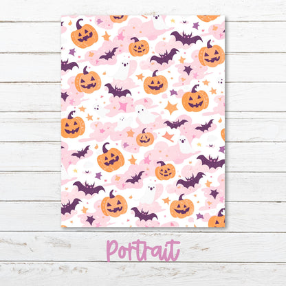 a paper with a pattern of pumpkins and bats on it