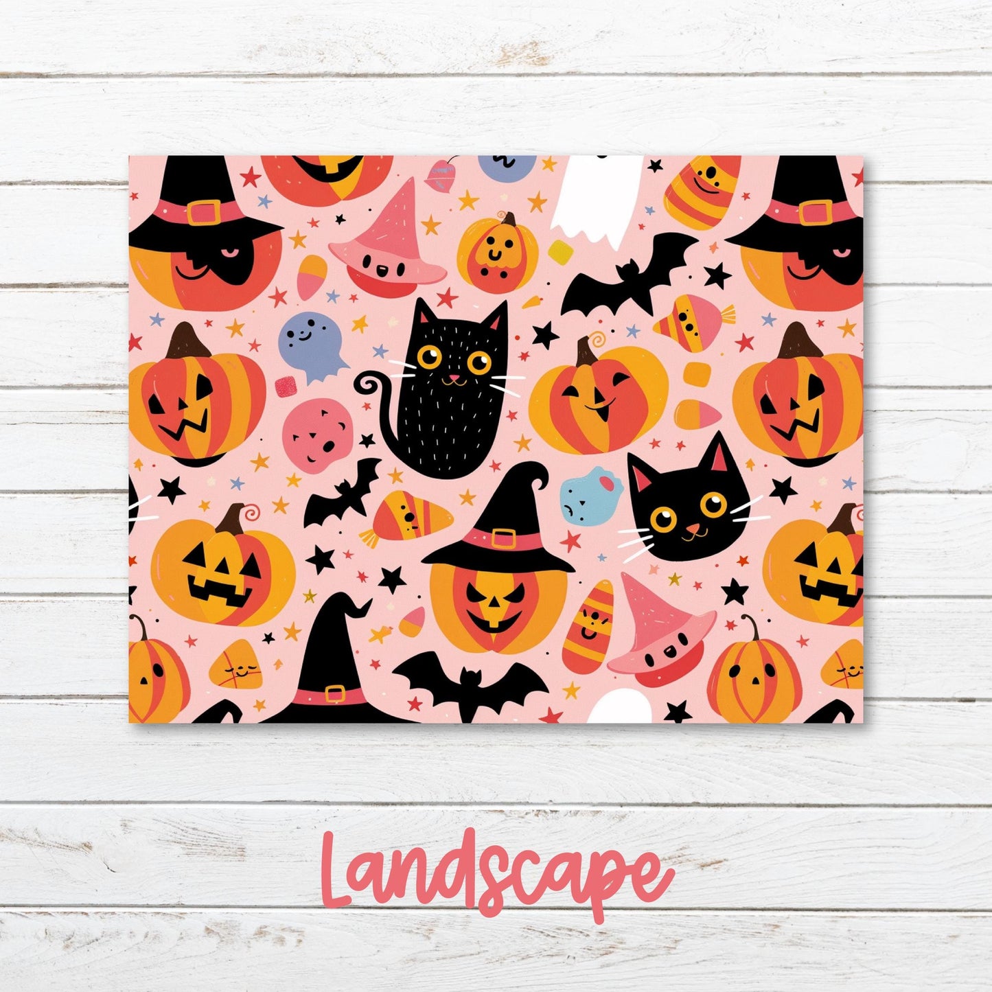 a card with a pattern of cats and pumpkins