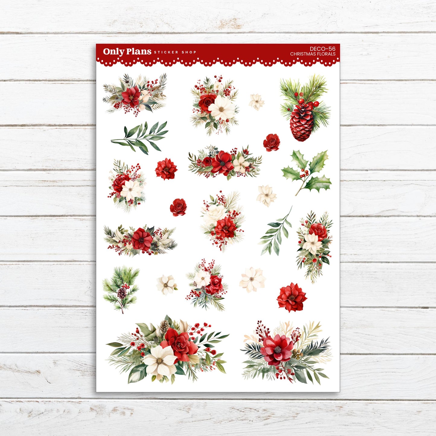 a sheet of stickers with holly and flowers