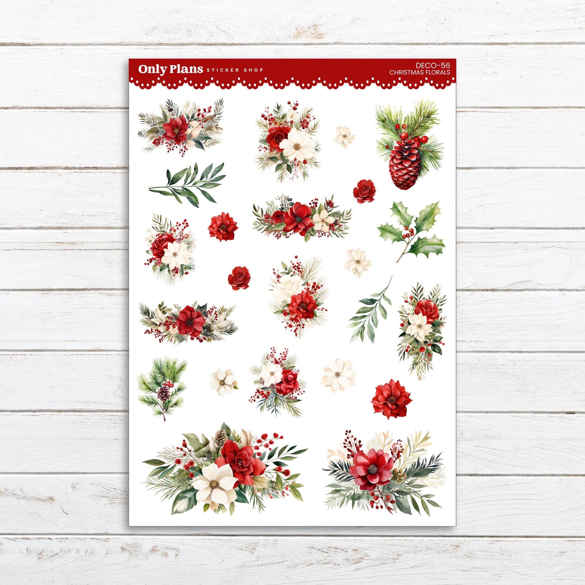 a sheet of stickers with holly and flowers