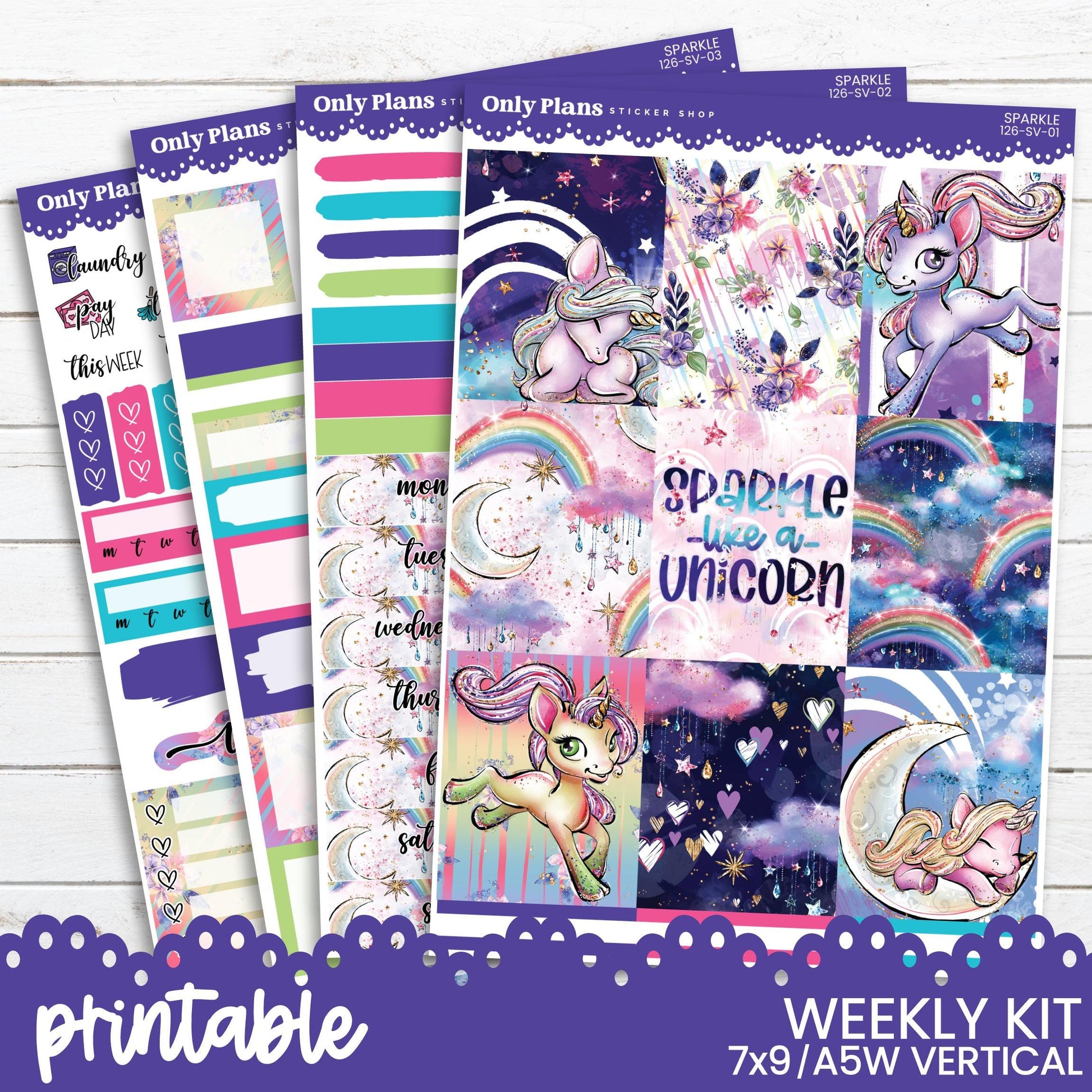 the printable weekly kit includes unicorns and rainbows