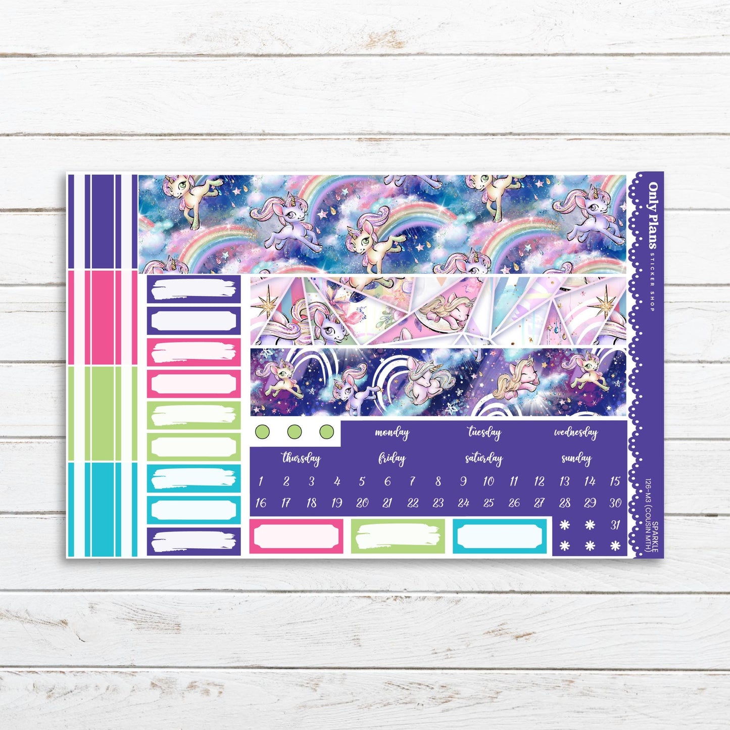 a colorful planner sticker with unicorns and rainbows