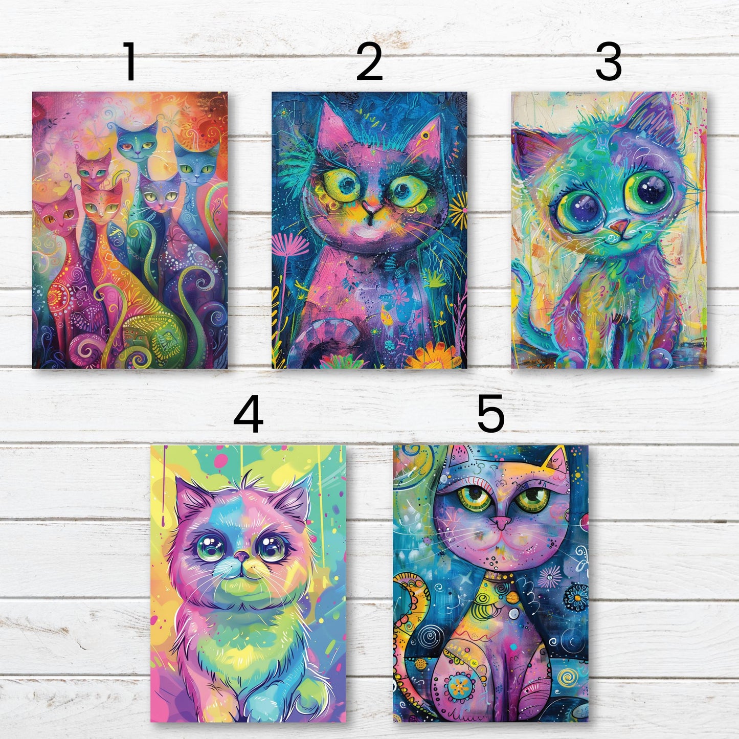 a set of four colorful paintings of cats