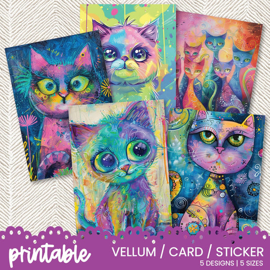 a set of four cards with colorful cats on them