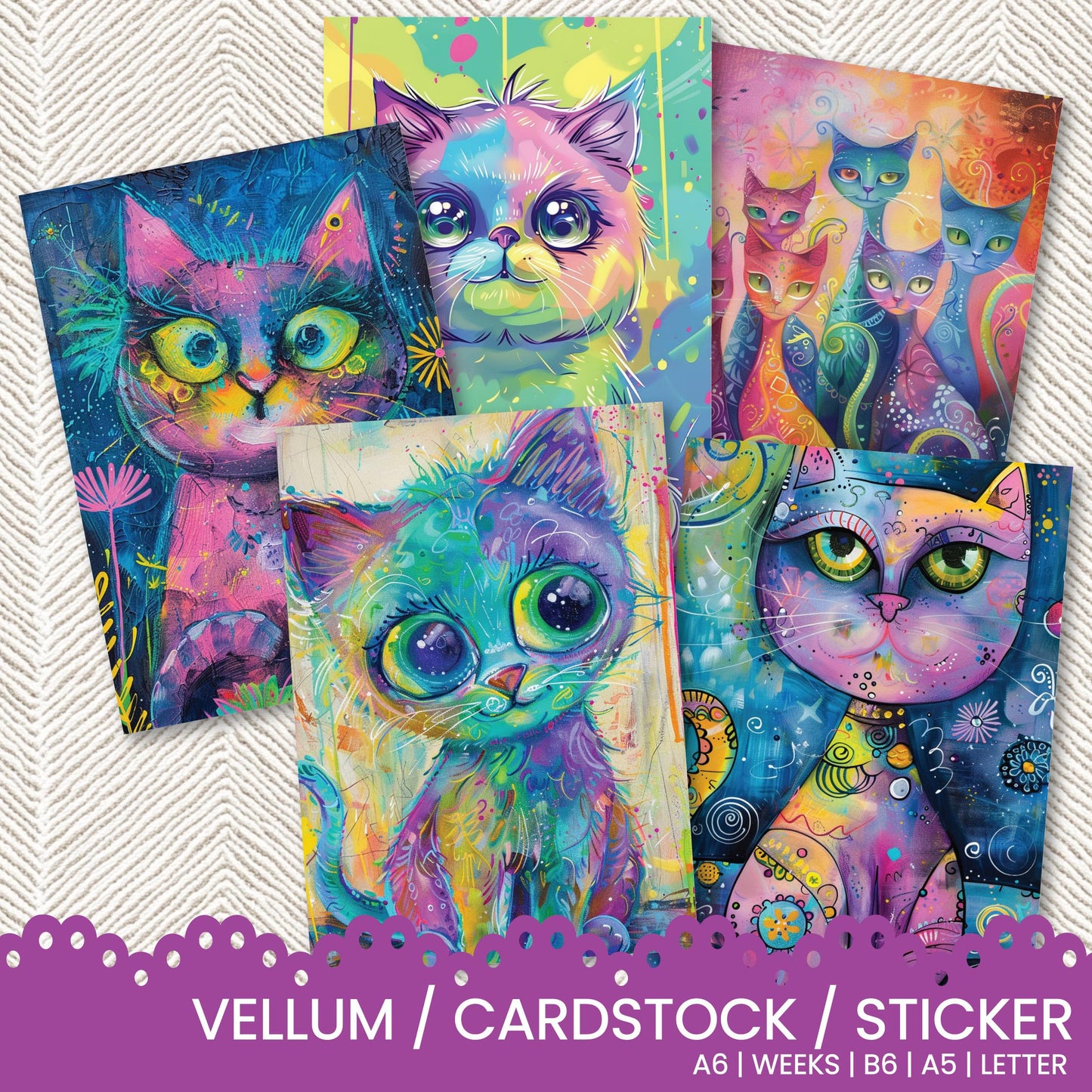 a set of four cardstock stickers featuring colorful cats